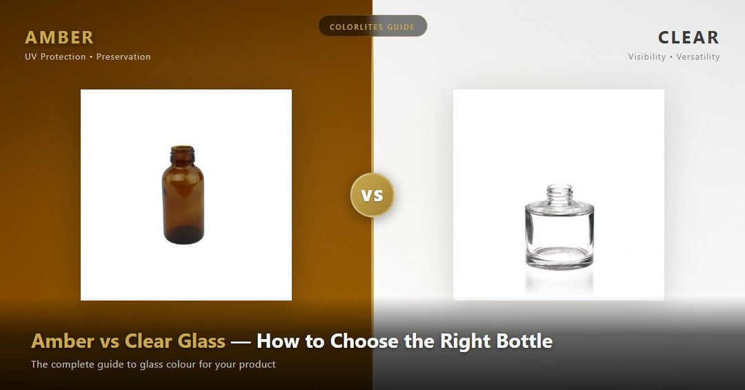 Amber vs clear glass bottles comparison - side by side guide showing amber glass for UV protection and clear glass for product visibility