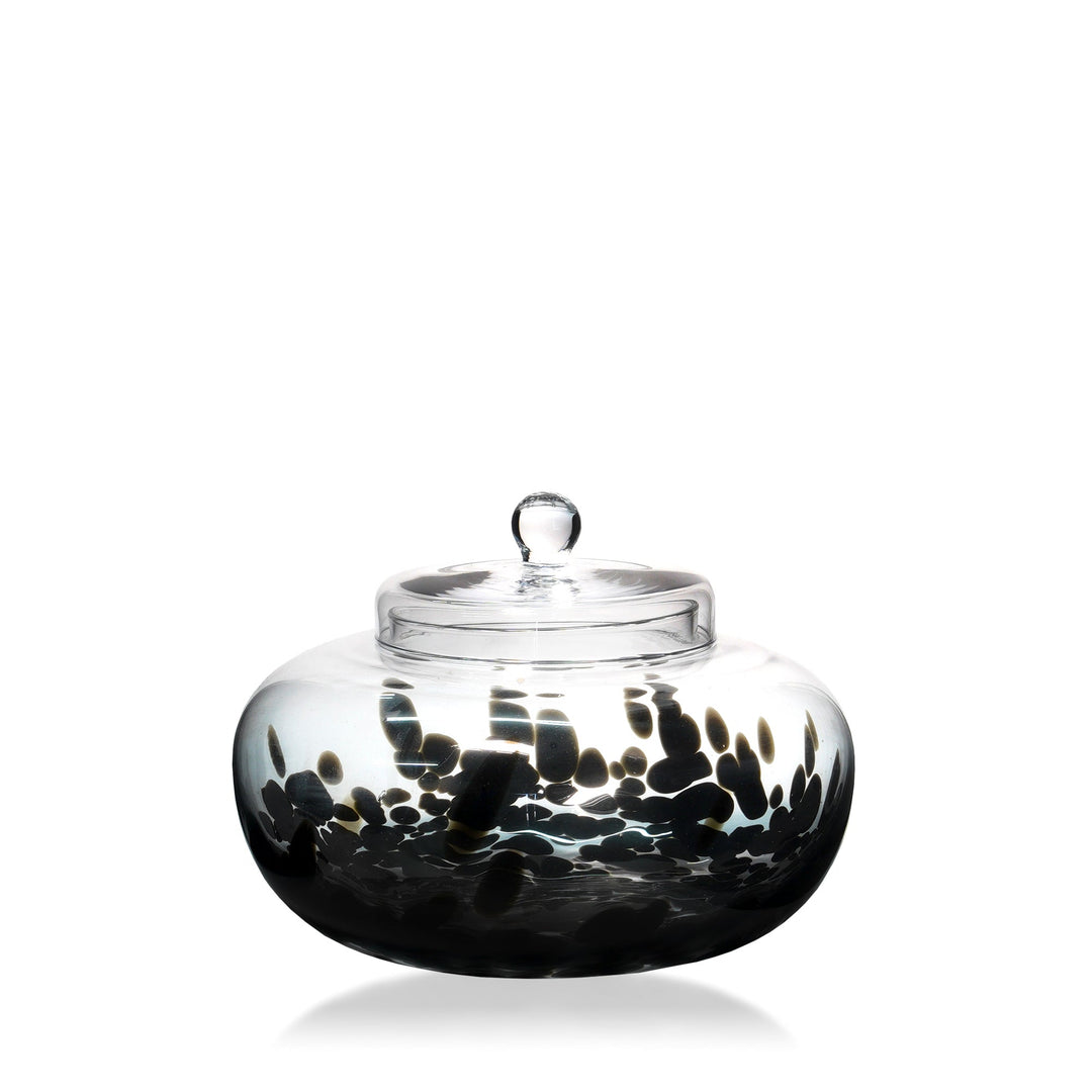 Espezo Glassware - Luxury Large Short Glass Bowl & Lid with a Black Decoration - - Colorlites