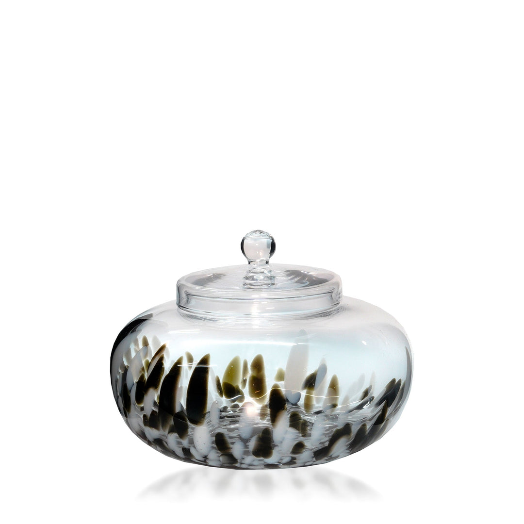 Espezo Glassware - Luxury Large Short Glass Bowl & Lid with a White/Black Decoration - - Colorlites