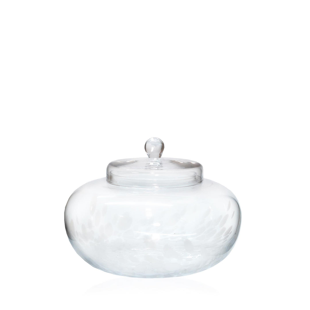 Espezo Glassware - Luxury Large Short Glass Bowl & Lid with a White Decoration - - Colorlites