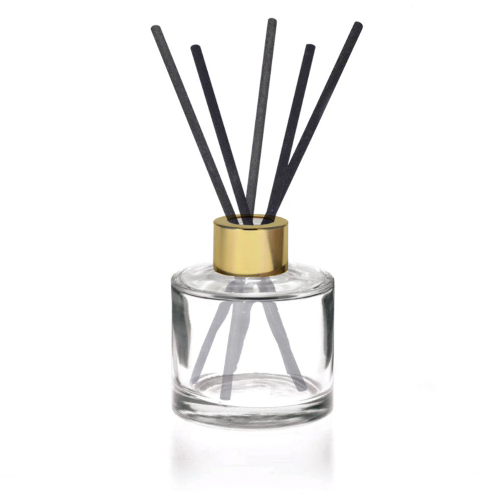 100ml Clear Glass Round Diffuser Bottle with Gold Cap and Black Synthetic Diffuser Reeds (240mm x 4mm) - - Coloured Bottles