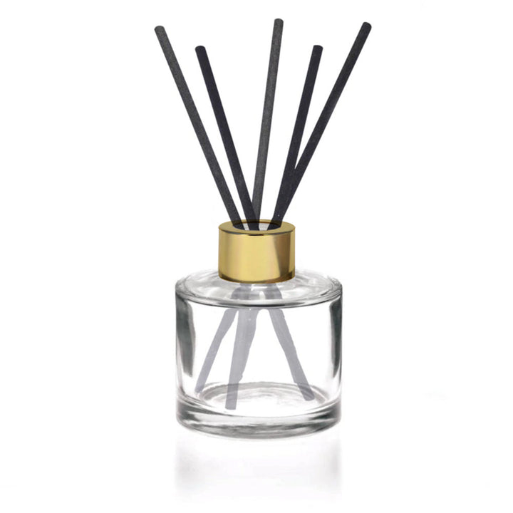 100ml Clear Glass Round Diffuser Bottle with Gold Cap and Black Synthetic Diffuser Reeds (240mm x 4mm) - - Coloured Bottles