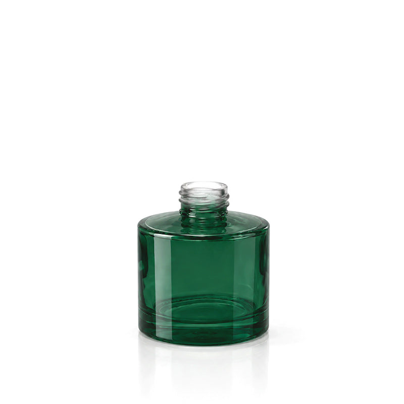 A small round translucent green glass bottle with a threaded neck and no cap, shown on a clean white background.