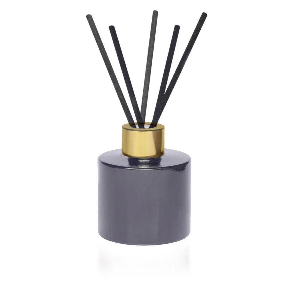 100ml Gloss Black Glass Round Diffuser Bottle, Gold Cap and Black Reeds. - - Coloured Bottles