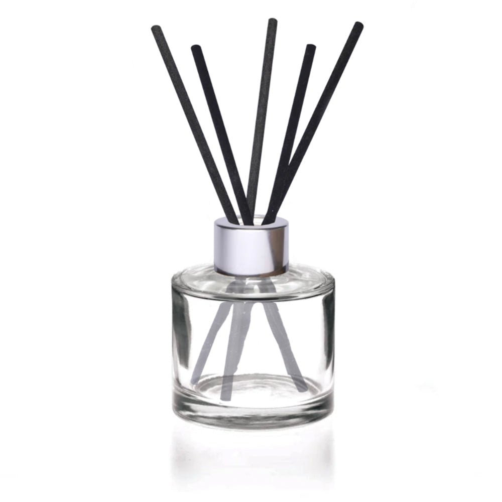 100ml Clear Glass Round Diffuser Bottle & 28/410 Gloss Silver Metal Shelled Diffuser Cap with EPE Liner & Black Synthetic Diffuser Reeds (240mm x 4mm) - - ColouredBottles