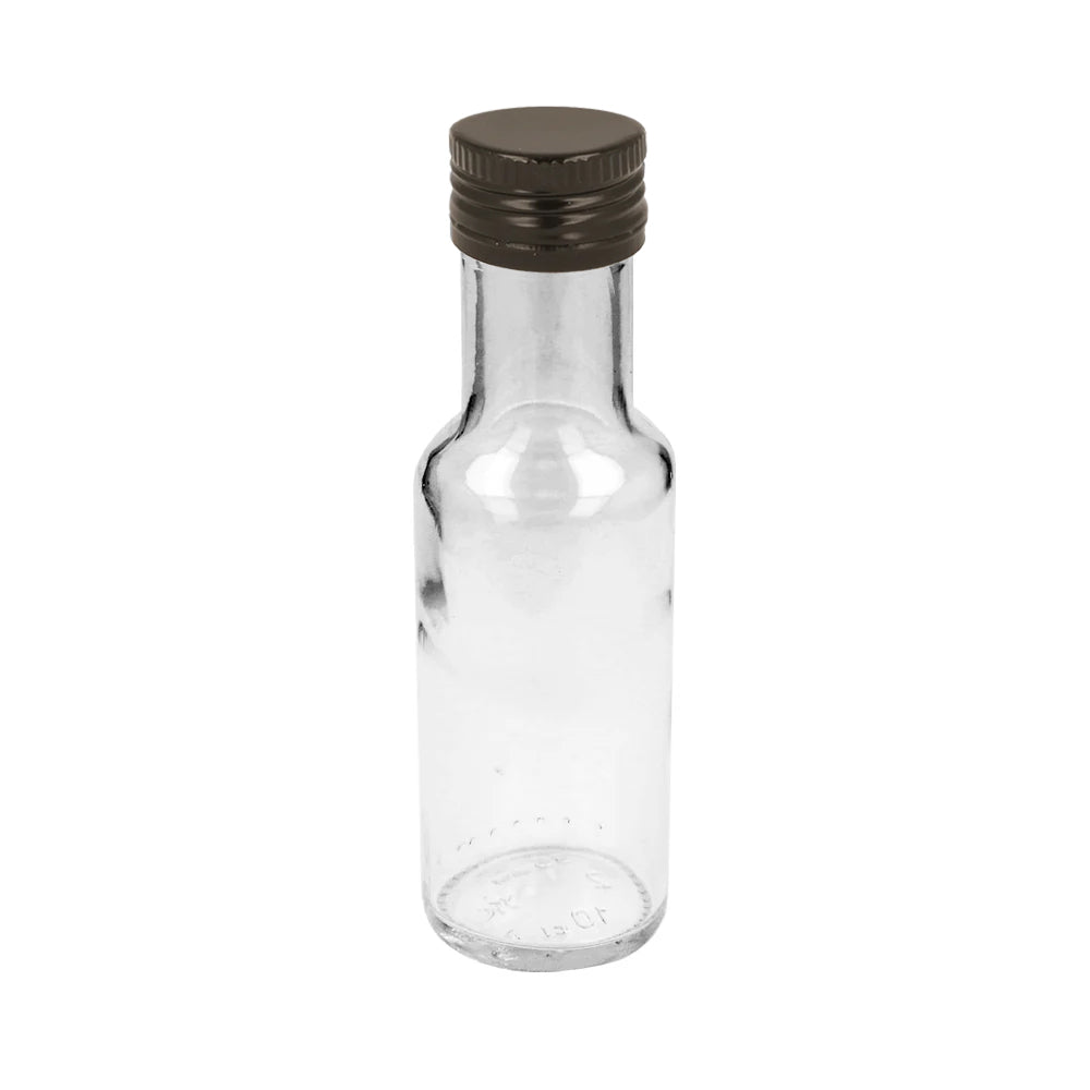 100ml Clear Glass Round Dorica Bottle (31.5mm Cap Size) & 31.5mm Black Aluminium Pourer Cap T/E - - ColouredBottles