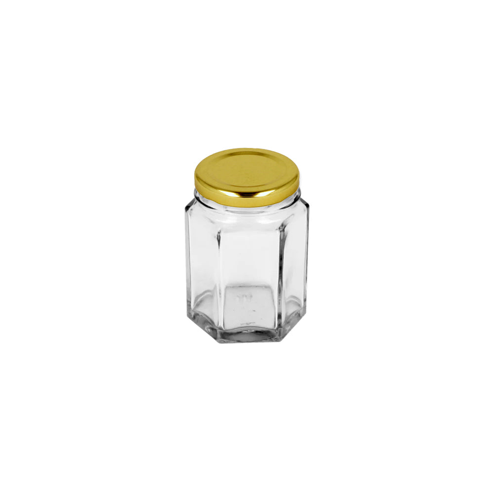 110ml Clear Glass Hexagonal Jar & T/O 48 Gold Lid for Jar - - ColouredBottles