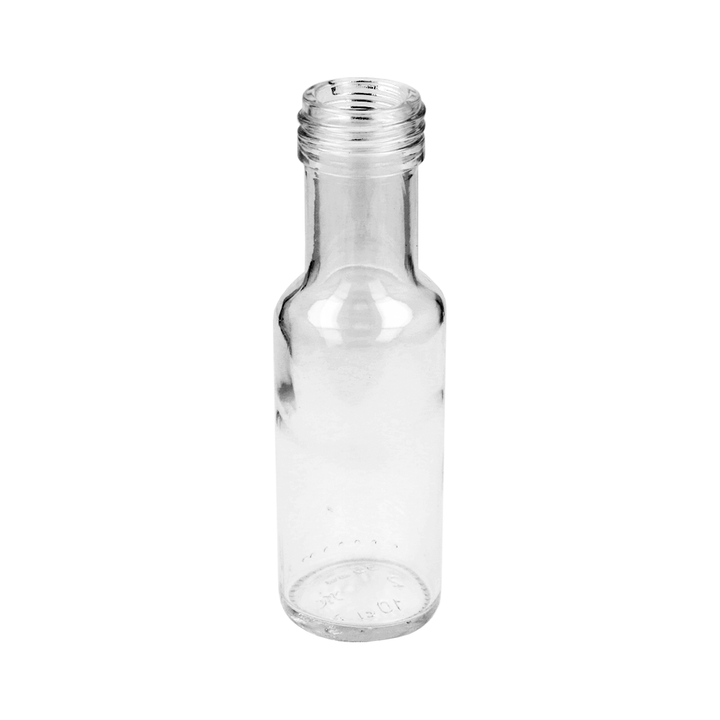 100ml Clear Glass Round Dorica Bottle (31.5mm Cap Size) & 31.5mm Black Aluminium Pourer Cap T/E - - ColouredBottles