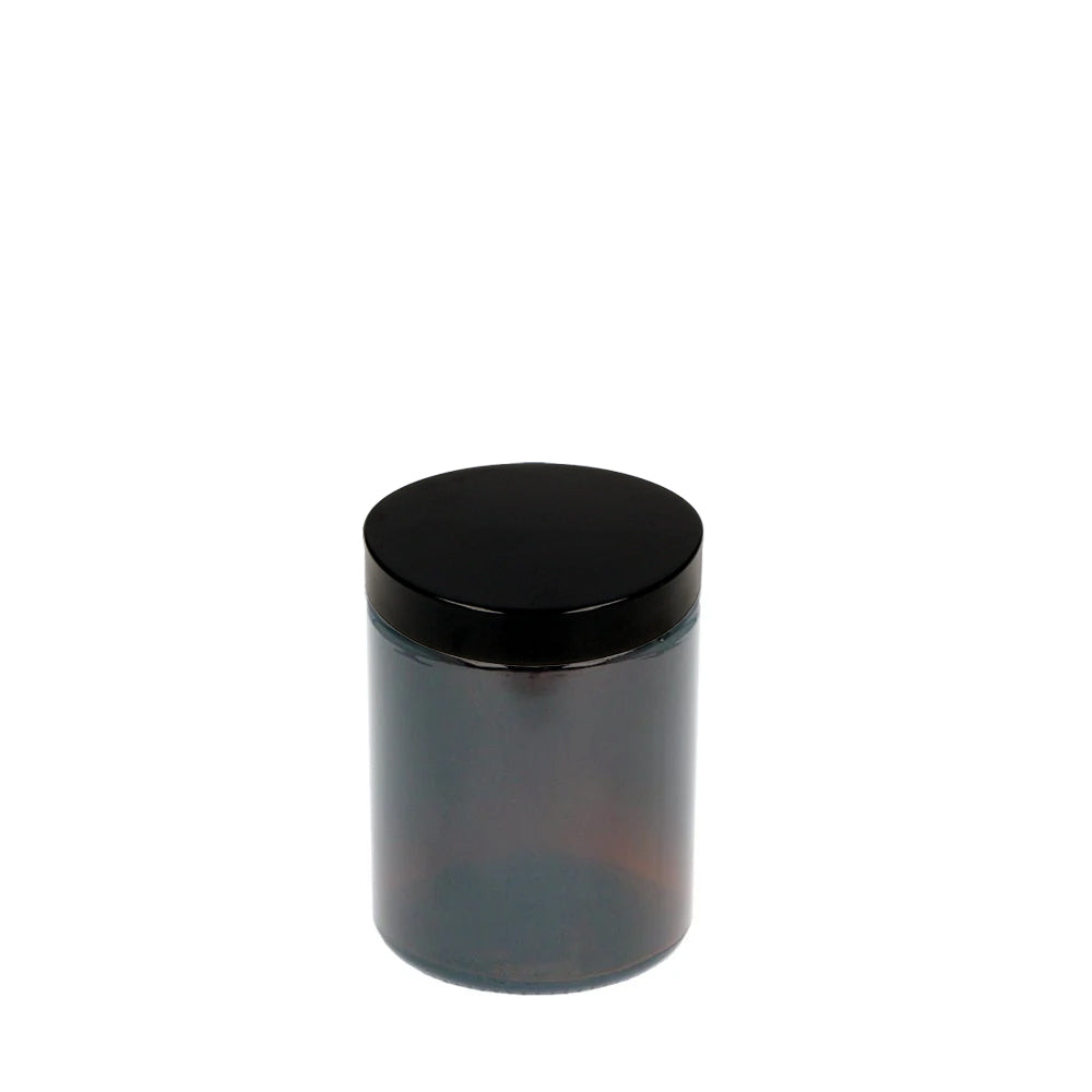 180ml Amber Glass Squat Jar & 63R3 Black Bakelite Lid - - ColouredBottles