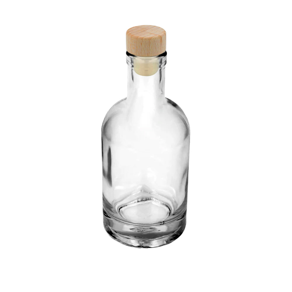 200ml Clear Glass Round Honorious Bottle & 18mm Wooden Topped Pourer Cork (No.27) - - ColouredBottles