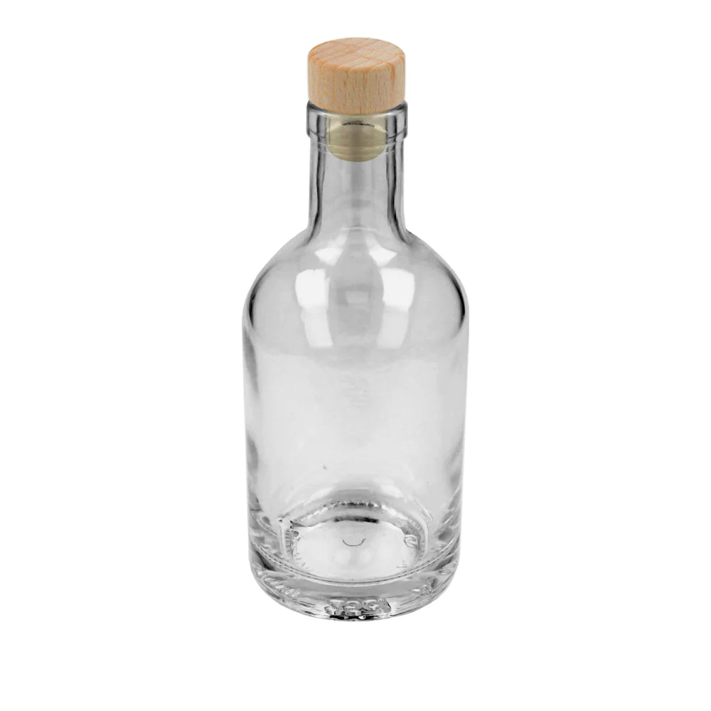 250ml Clear Glass Round Nocturne Bottle & 18mm Wooden Topped Pourer Cork (No.27) - - ColouredBottles