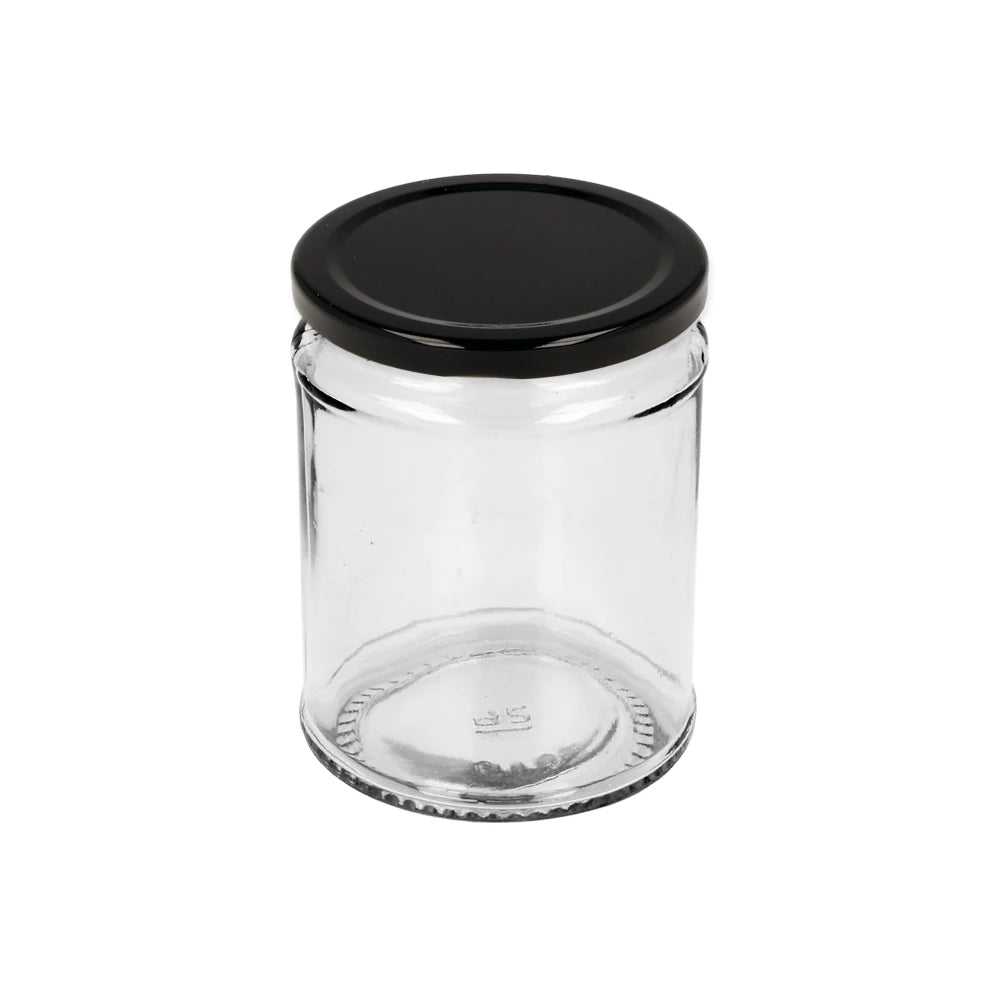 300ml Clear Glass Round Jar & T/O 70 Black Lid for Jar - - ColouredBottles