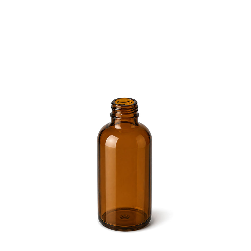 An empty amber glass bottle with a threaded neck, shown on a clean white background.