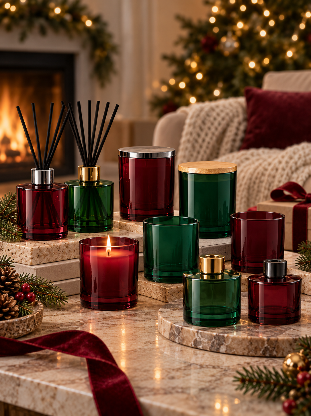 A collection of holiday home fragrance products including candles, a reed diffuser, and perfume bottles in deep red and emerald green glass, styled on a marble table in front of a cozy fireplace with a decorated Christmas tree in the background.