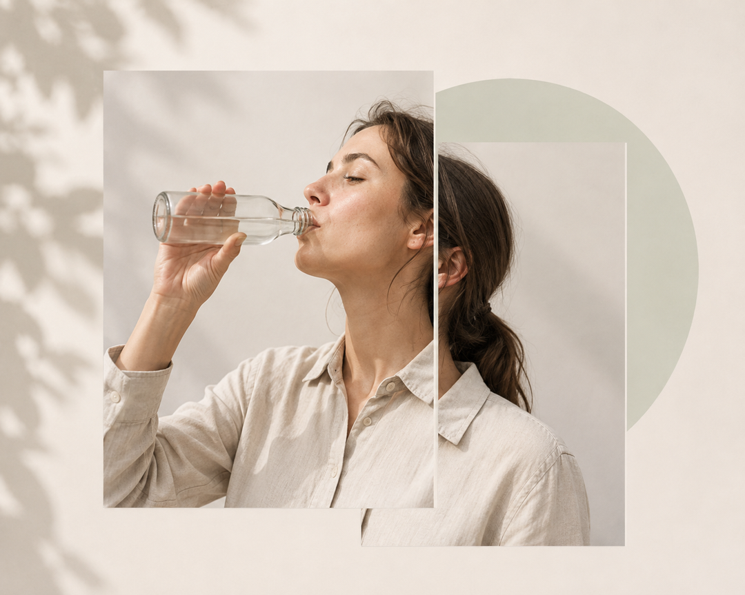 A woman in a light beige shirt drinking from a clear glass bottle, presented in a stylized collage layout with soft shadows and a muted green circular graphic.