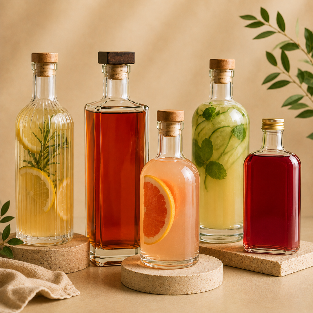 Five clear glass bottles with cork stoppers, filled with colorful citrus and herb-infused liquids, arranged on round stone risers against a warm beige background.