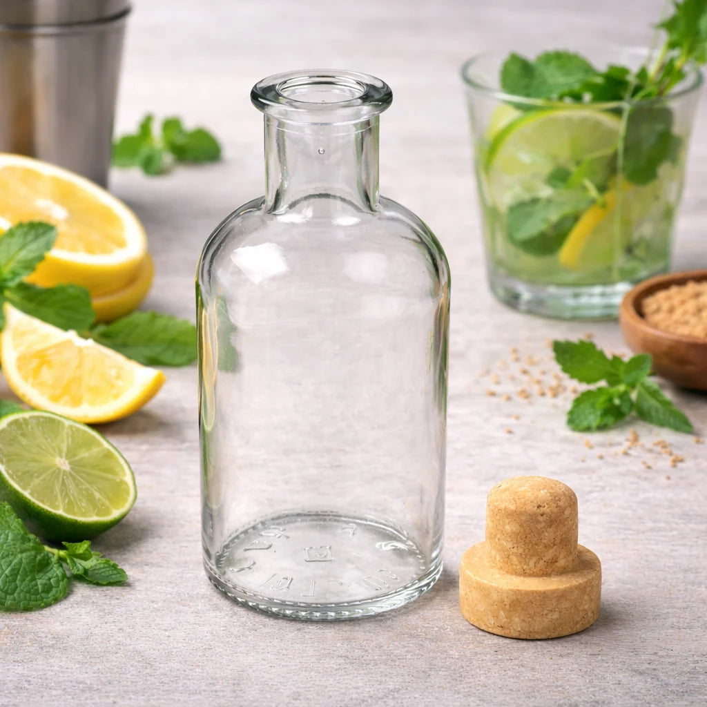 A clear glass bottle with a short neck and a cork stopper, shown on a light gray surface with lemon slices, lime, mint leaves, and a glass of mojito in the background.