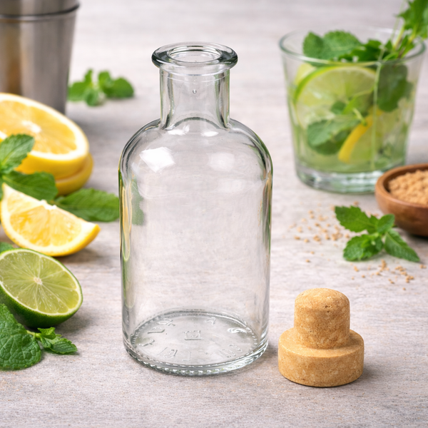 Clear round glass bottle with a cork stopper beside lemons, limes and mint