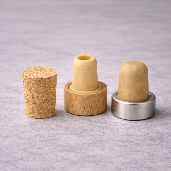 A natural cork, a wooden-topped stopper and a metal-topped stopper