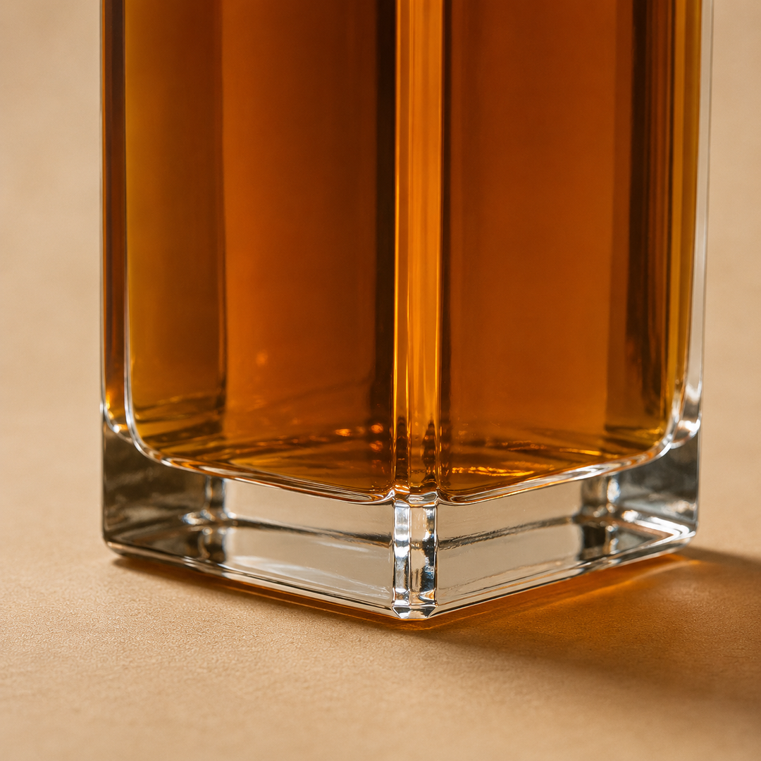 Close-up of a clear glass bottle or decanter filled with amber liquid, showing the base and reflective glass against a warm beige background.