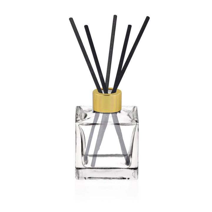 100ml Clear Glass Square Diffuser Bottle, Gold Cap and Black Synthetic Reeds. - - Coloured Bottles