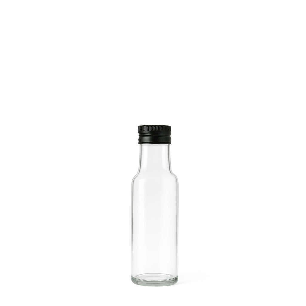 100ml Clear Glass Round Dorica Bottle (31.5mm Cap Size) & 31.5mm Black Aluminium Pourer Cap T/E - - Colorlites