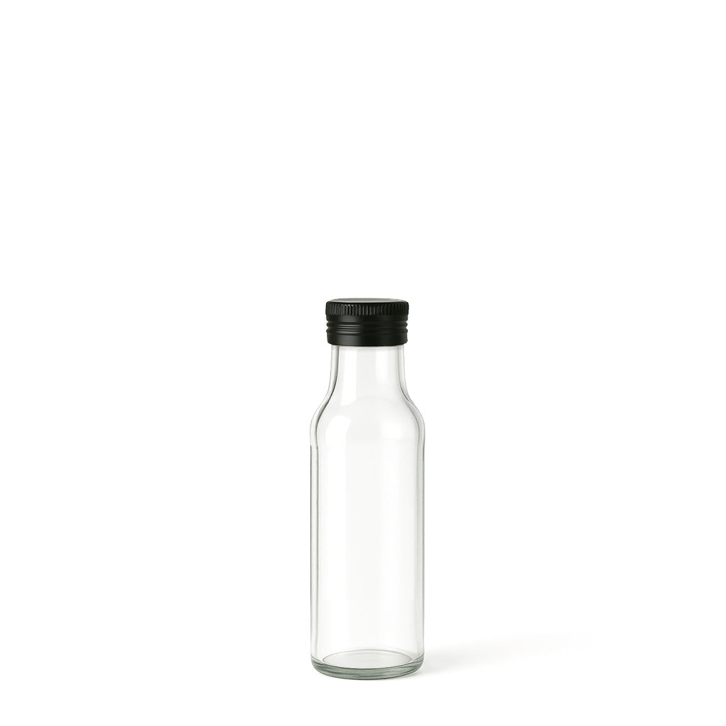100ml Clear Glass Round Dorica Bottle (31.5mm Cap Size) & 31.5mm Black Aluminium Pourer Cap T/E - - Colorlites