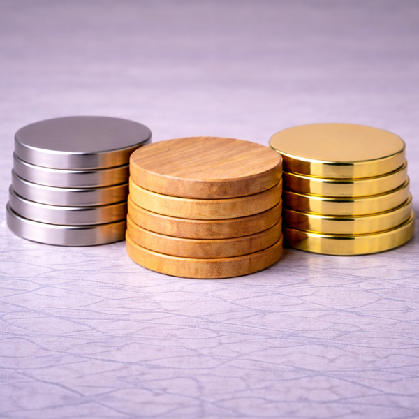 Stacks of silver, wooden and gold candle lids