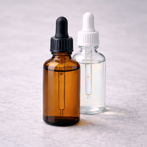 Amber and clear glass dropper bottles with pipettes