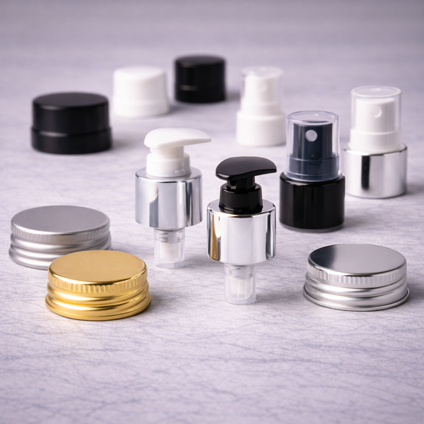 Assorted caps, lotion pumps, mist sprays and aluminium lids for glass bottles and jars
