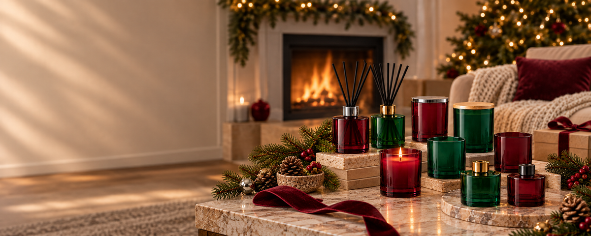 A collection of Christmas-themed reed diffusers and candles in dark red and green glass, styled on a marble coffee table in a cozy living room with a lit fireplace and holiday decorations.