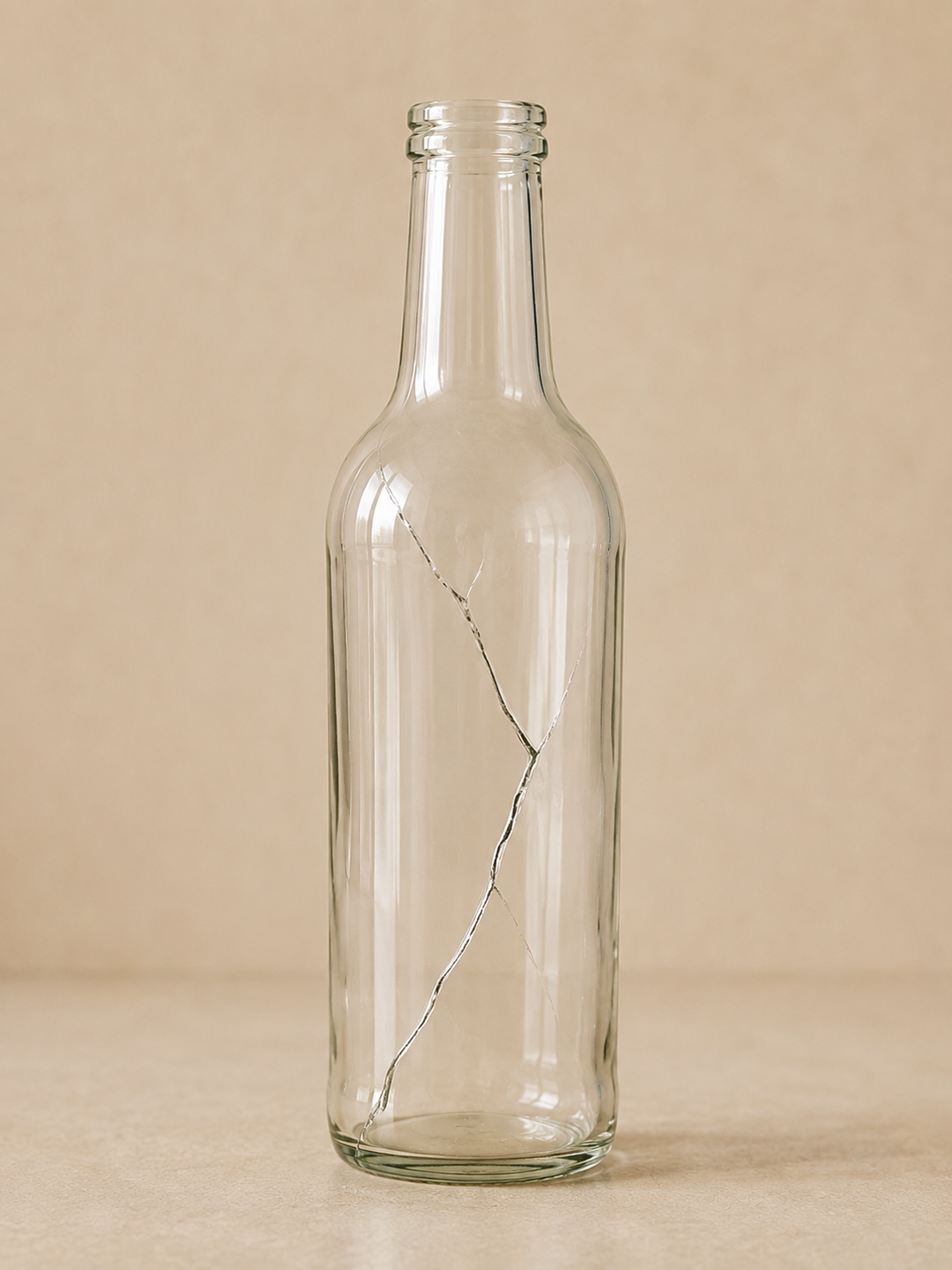 A clear glass bottle with a visible crack running vertically down the center, set against a warm beige background.