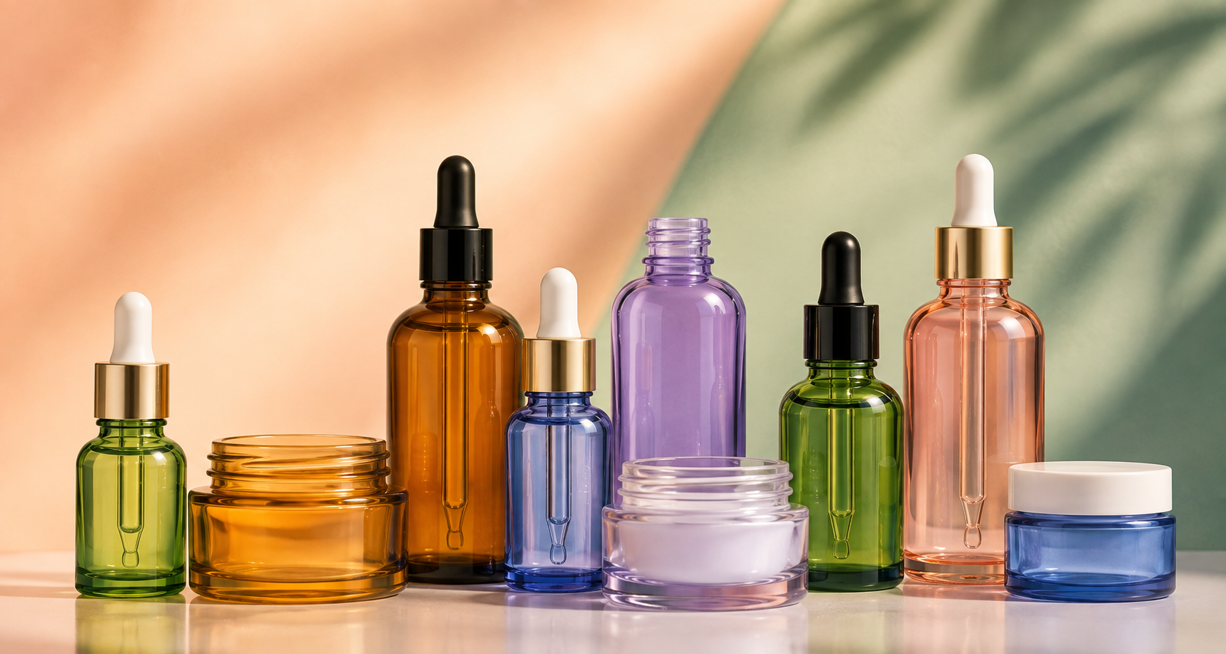 A collection of empty cosmetic and skincare bottles and jars in various colors including amber, purple, green, blue, and pink, arranged on a reflective surface with a warm peach and green leafy background.