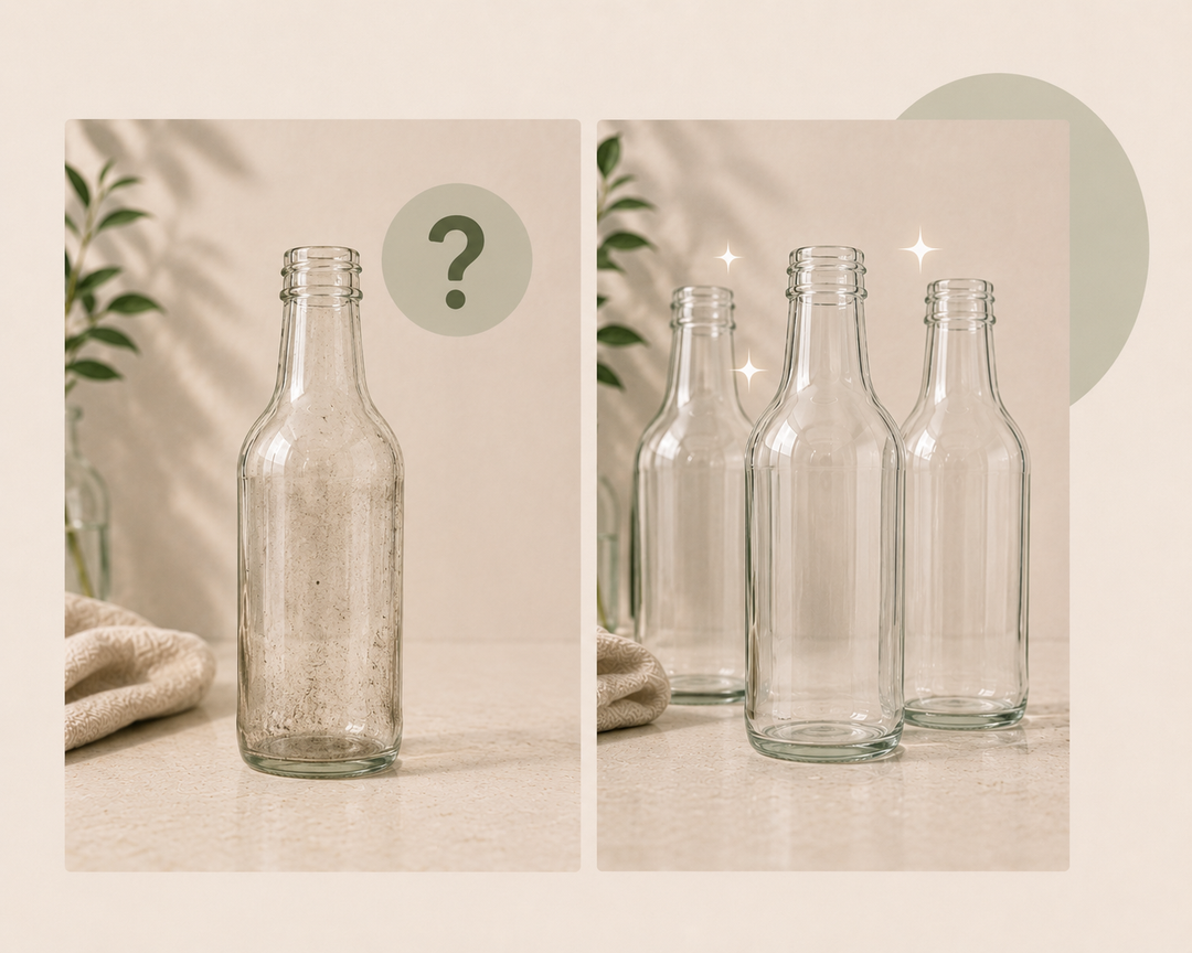 A split-panel collage showing clear glass bottles on a light surface against a warm beige background. The left panel shows a single empty bottle with a question mark graphic, and the right panel shows three empty bottles with sparkles.