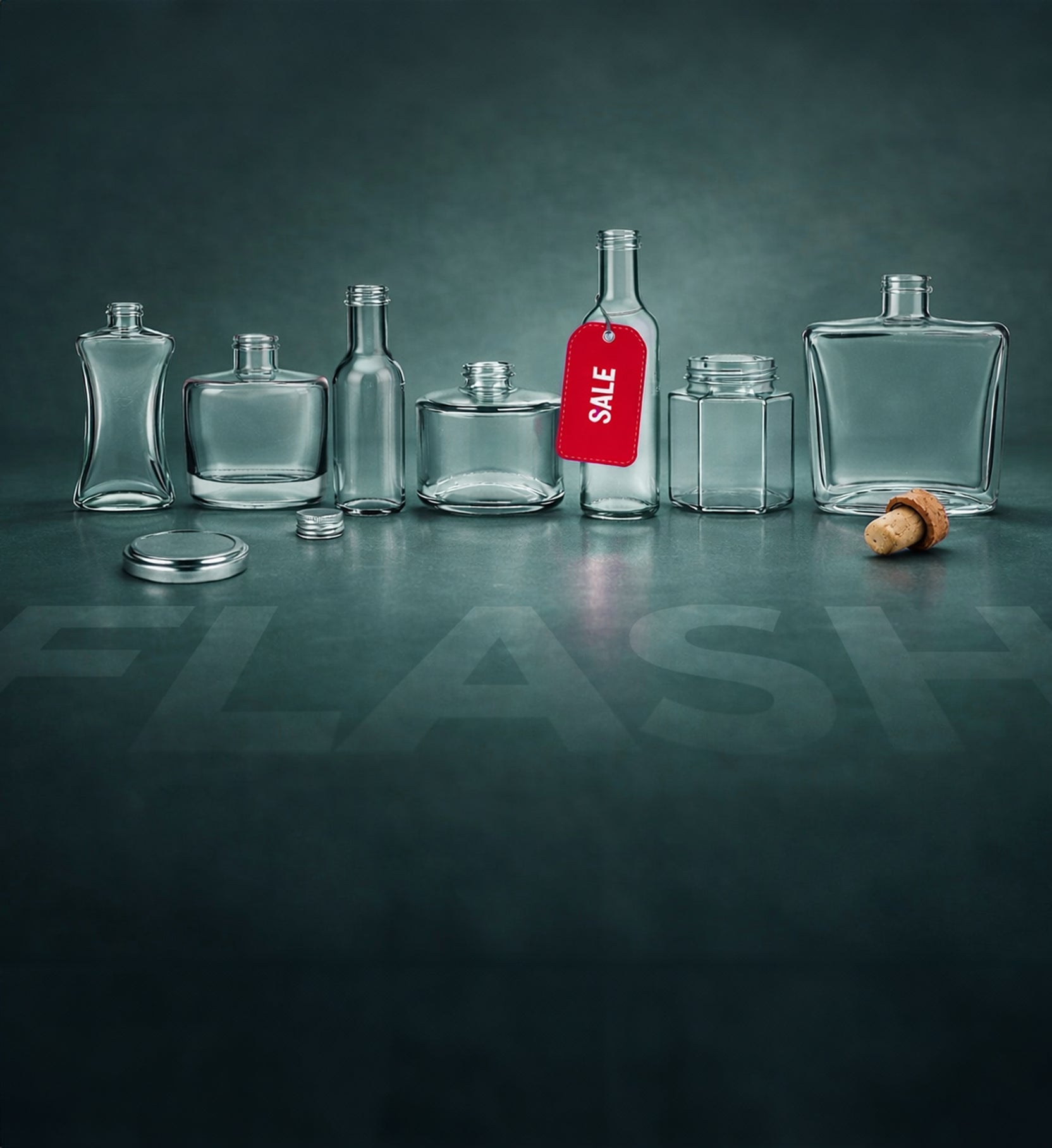 Set of clear glass bottles on a dark surface with a red 'SALE' tag.