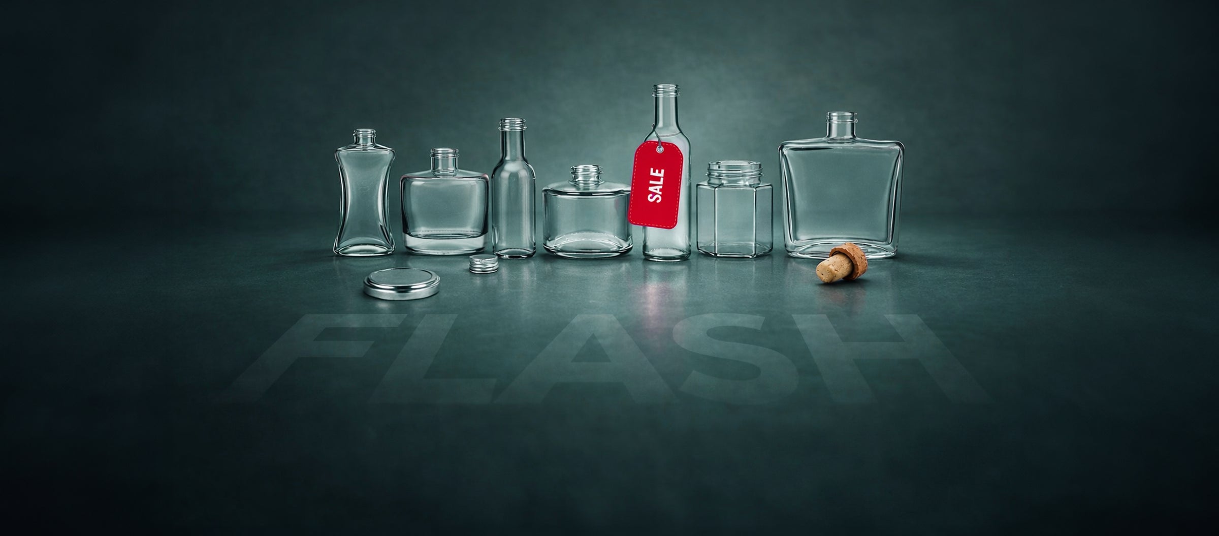 Collection of glass bottles on a dark surface with a 'Sale' tag on one bottle.