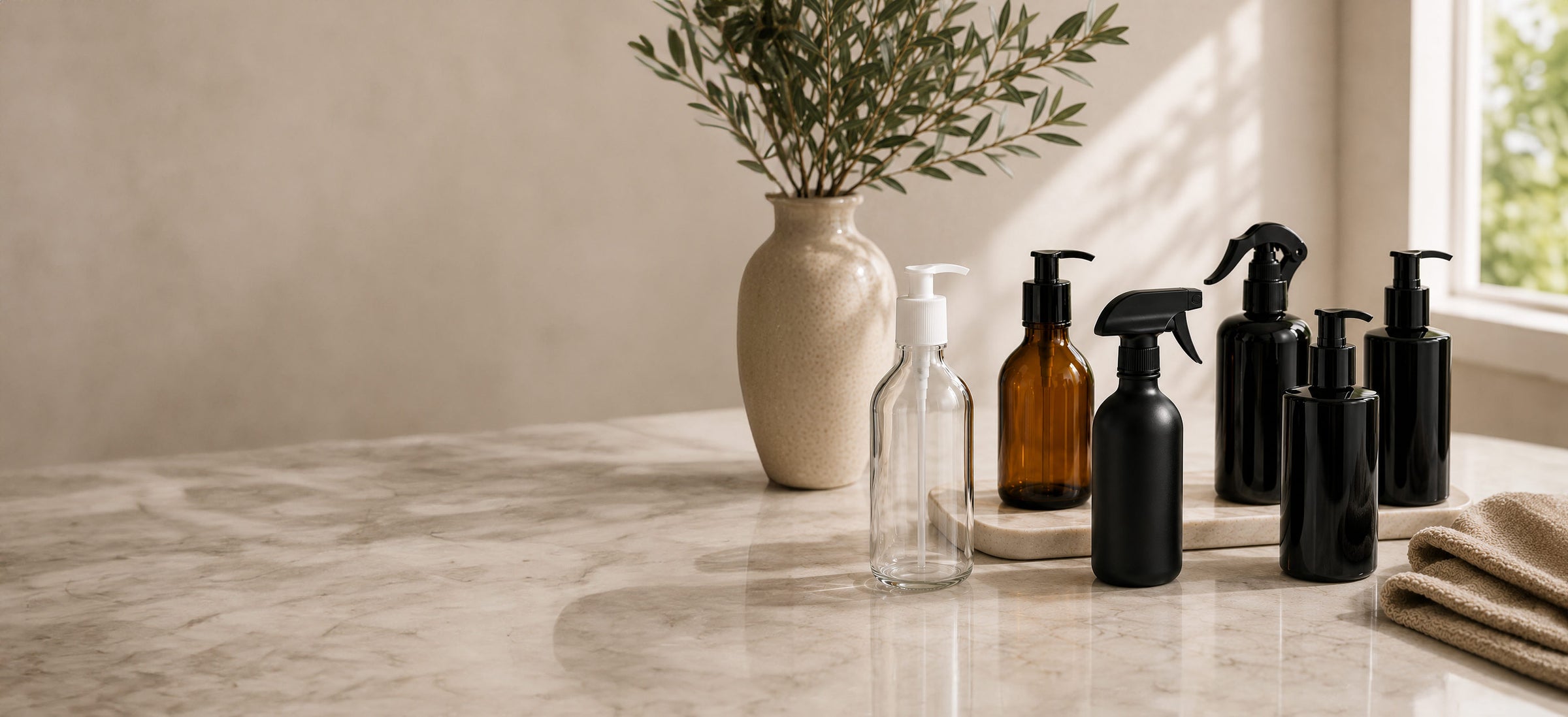 A set of modern bathroom or kitchen accessory bottles and dispensers arranged on a light marble countertop beside a beige ceramic vase with greenery and a window.
