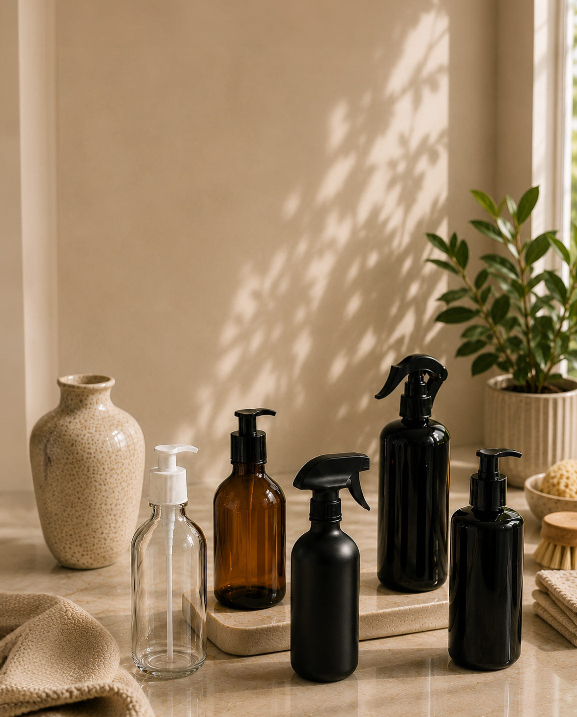 A set of empty cosmetic and household bottles arranged on a marble surface in a warm, sunlit room. The bottles include a clear bottle with a white pump, an amber glass bottle with a black pump, a black spray bottle, and two matte black pump bottles.