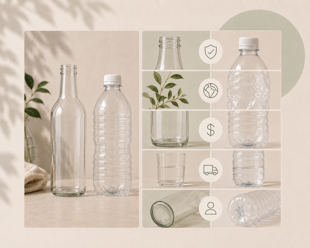 Clear glass and plastic bottles shown in a styled collage with icons and a small plant on a beige background.
