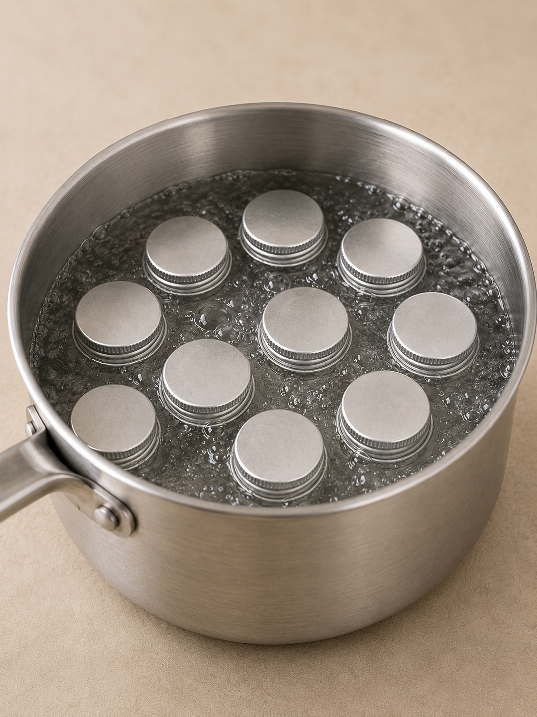 Nine silver metal bottle caps arranged in a circular pattern inside a stainless steel saucepan filled with bubbling water, set against a neutral beige background.