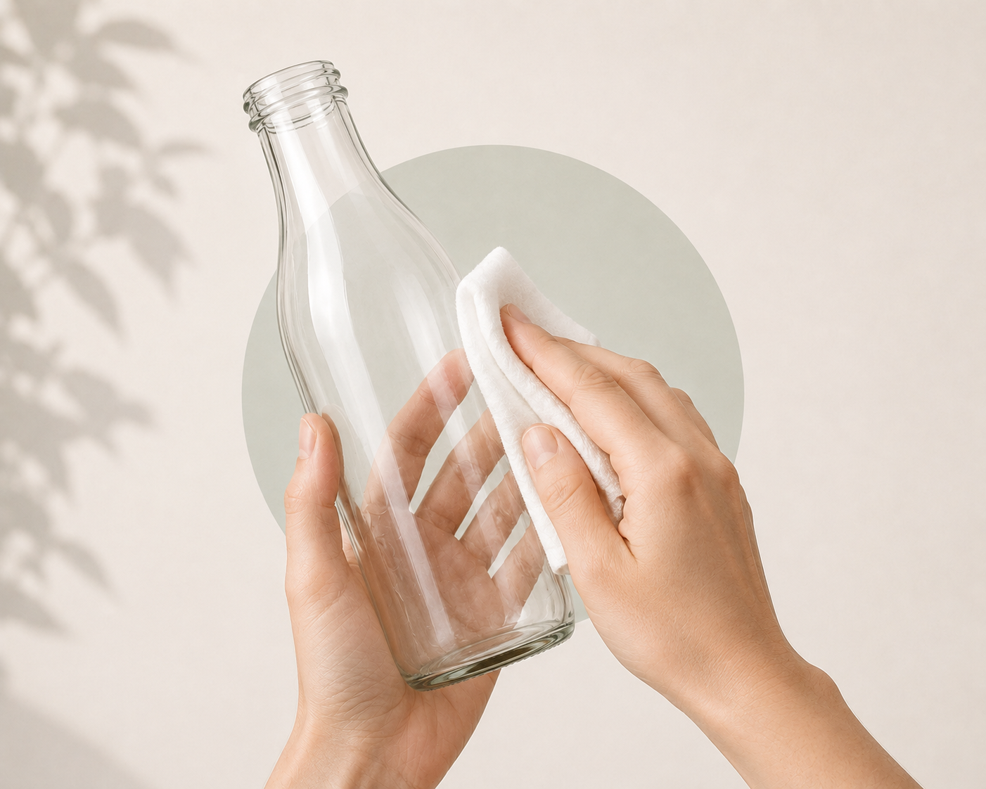 A clear glass bottle being wiped with a white cloth by two hands against a light beige background with a soft green circular graphic behind it.