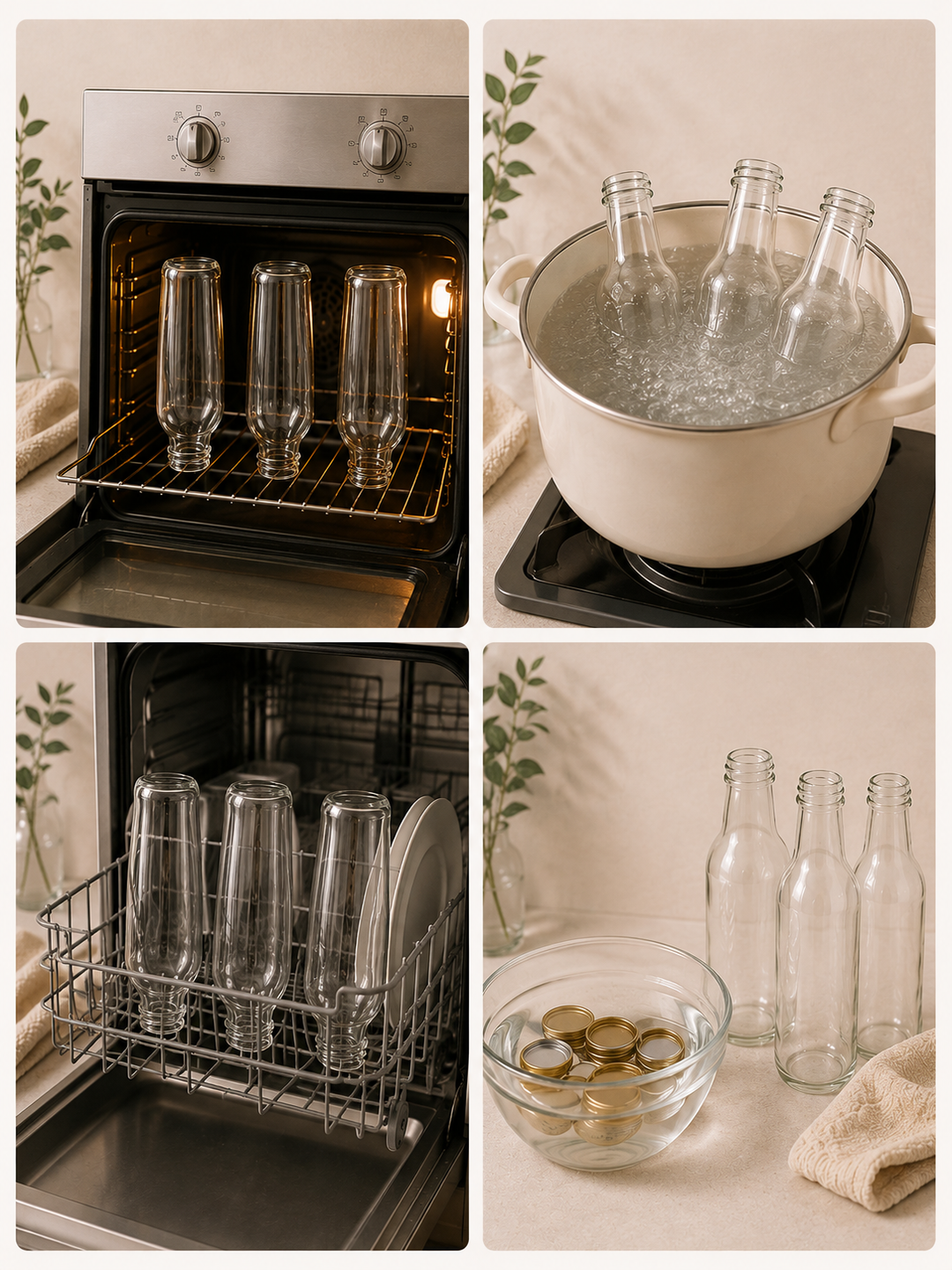 A four-panel collage showing clear glass bottles and glassware being cleaned in different ways: standing inside an oven, soaking in a pot of boiling water, rinsed inside a dishwasher, and dried with a cloth. No person or animal is present, and the scene is styled as a product demonstration rather than a real lived-in environment, so Product/Packaging fits better than Lifestyle.