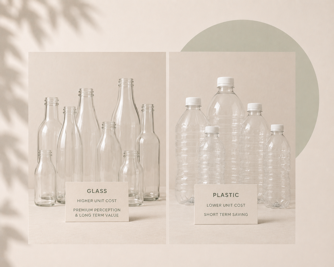 A comparison display of glass and plastic water bottles, with clear glass bottles on the left labeled 'GLASS' and clear plastic bottles on the right labeled 'PLASTIC', set against a warm beige background with soft shadow overlays.