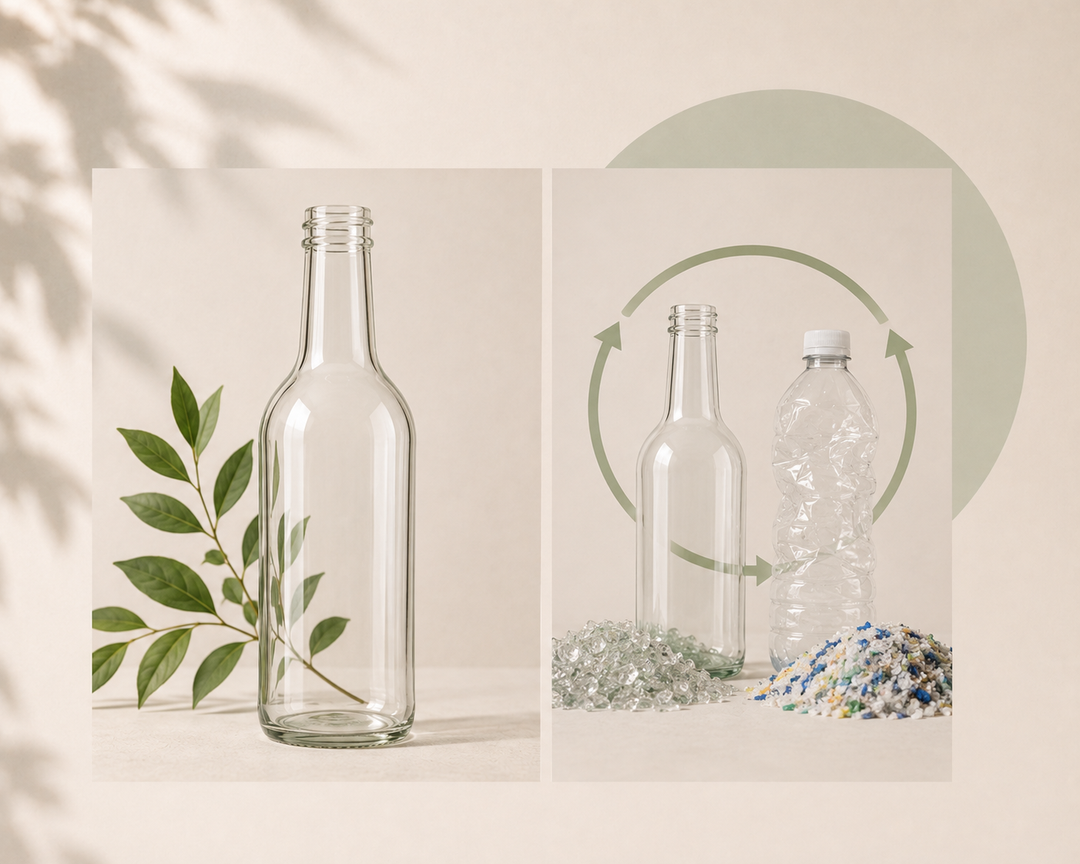 A clear glass bottle shown on a warm beige background, alongside a recycling concept panel featuring a clear plastic bottle, arrows, and piles of recycled glass and plastic. A green leafy branch decorates the left panel.