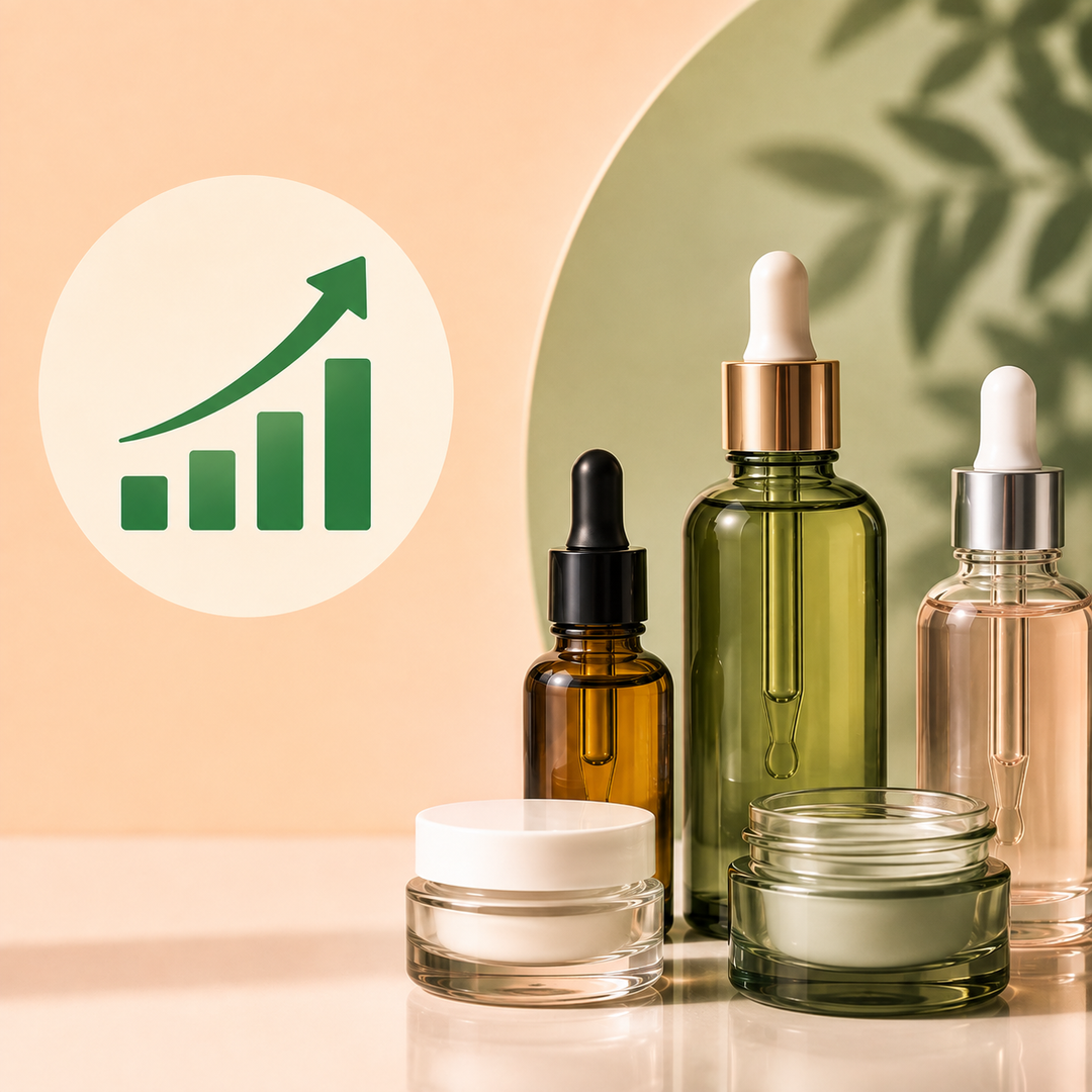 A group of cosmetic and skincare containers including dropper bottles, a pump bottle, and jars in amber, green, and clear glass, arranged on a reflective surface with a peach background and a green circular graphic overlay showing a rising bar chart.