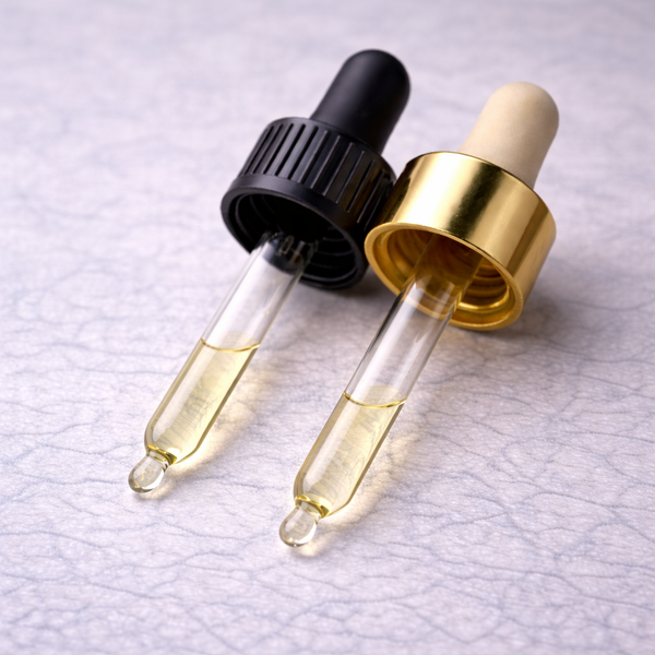 Two glass pipettes holding pale oil, one with a black cap and teat and one with a gold collar and cream teat