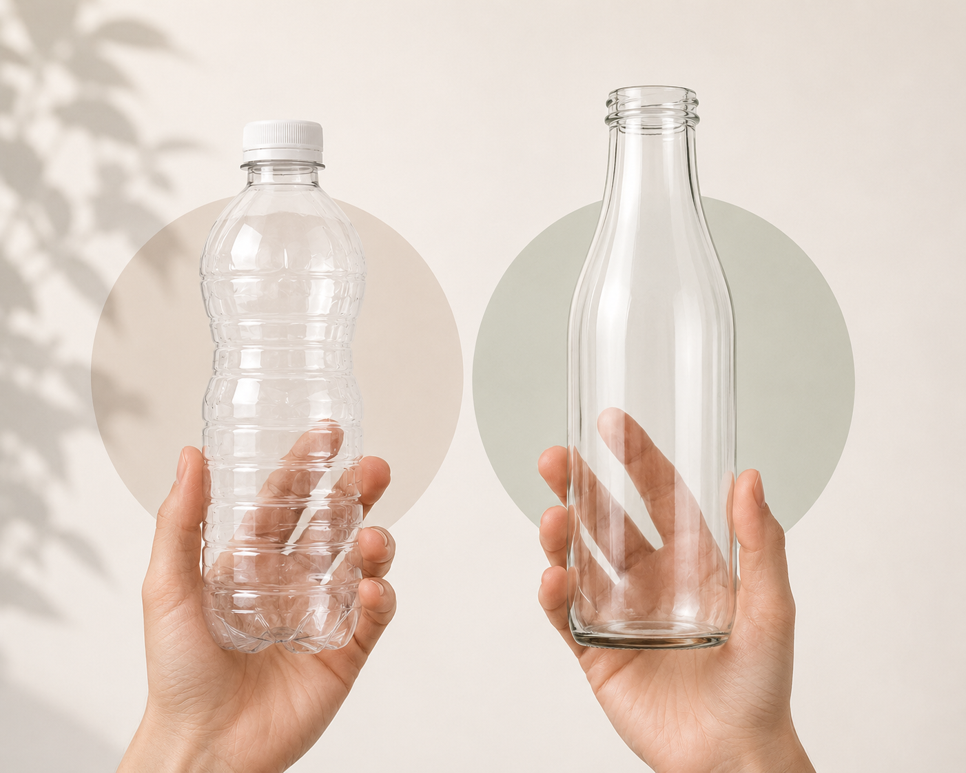 Two hands holding transparent plastic and glass bottles against a soft beige background with circular color blocks and leaf shadows.