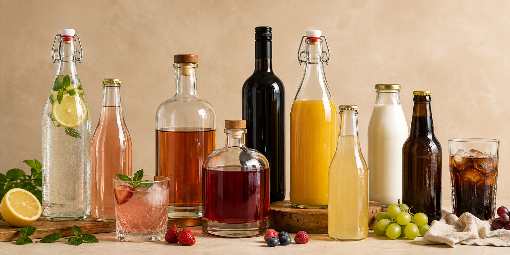 A collection of glass bottles and a glass tumbler filled with various beverages, including lemonade, juice, milk, and cocktails, arranged on a wooden surface against a warm beige background.