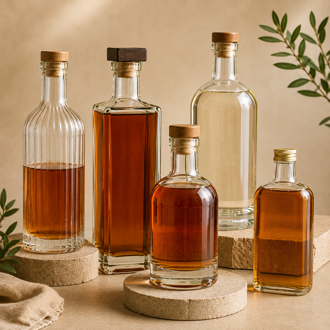 Five clear glass bottles of varying shapes and sizes, some filled with amber liquid and some empty, arranged on round stone coasters against a warm beige background with subtle green leaves.