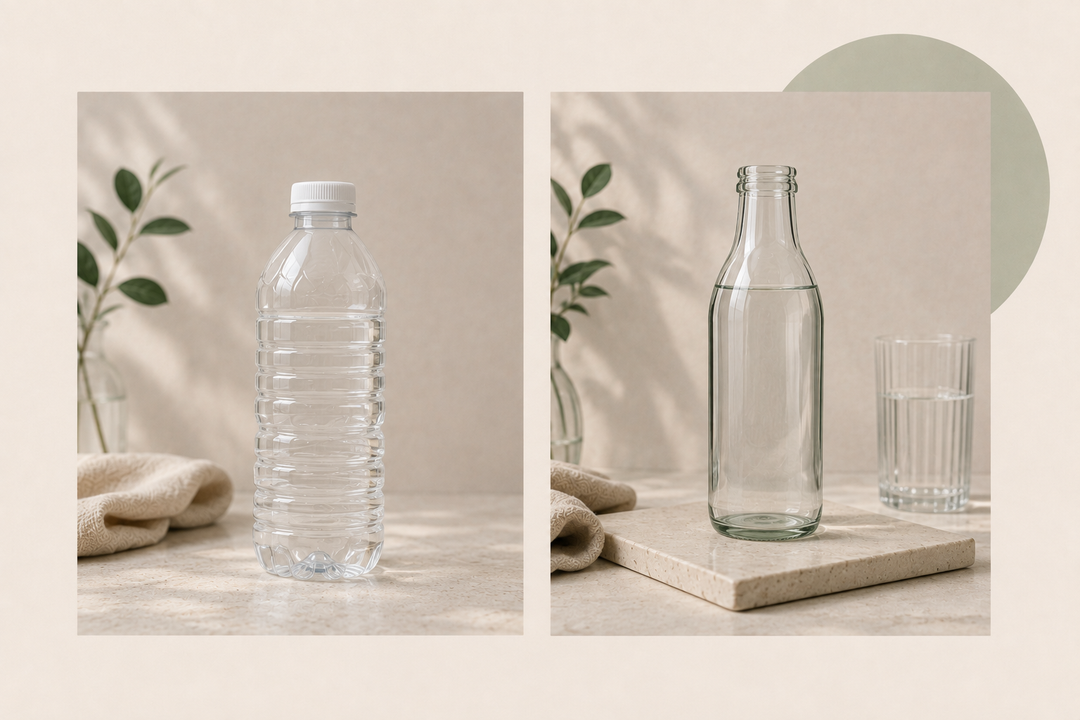 Two clear drinking containers shown in a styled interior scene: a ribbed transparent plastic water bottle with a white cap on the left, and a clear glass bottle beside a matching glass on a stone surface on the right. The background is warm beige with soft shadows, plants, and folded fabric.